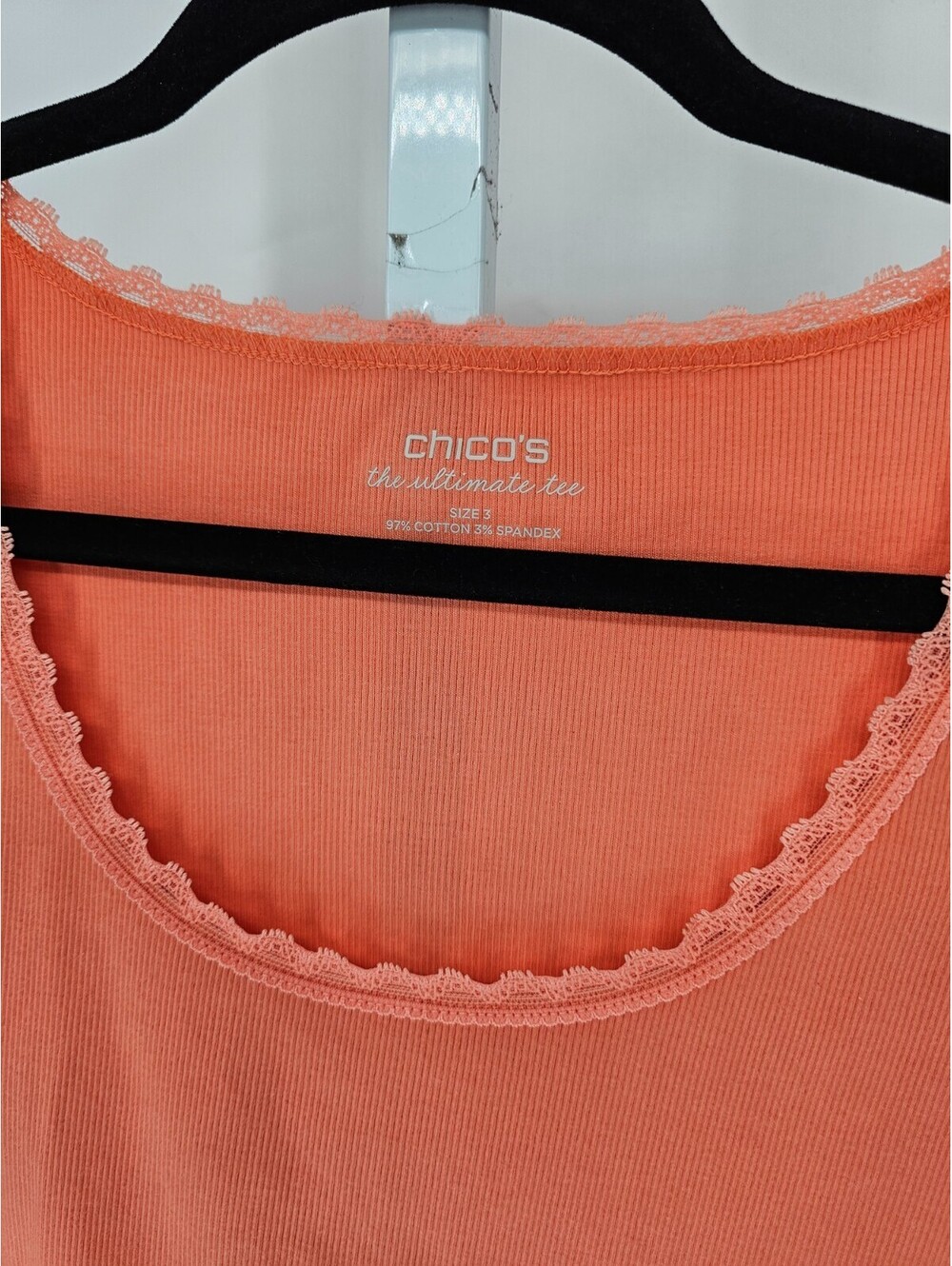 Chicos Womens Sz 3 (XL) The Ultimate Tee Tank Top Coral w/ Lace Trim NEW - Picture 2 of 4